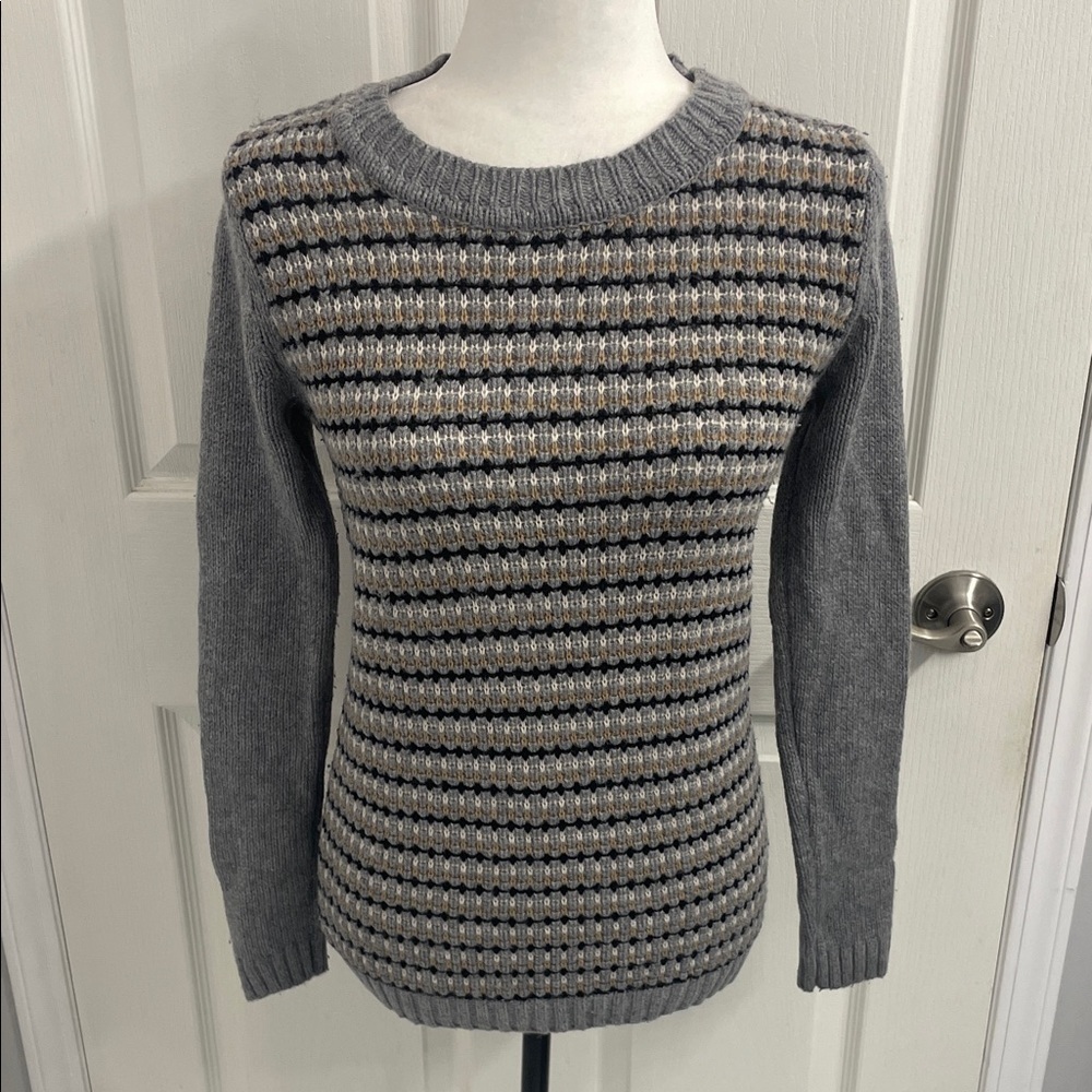 Boden Gray/BlackWhite/Tan Striped Sweater Wool Crew Neck Rib Cuffs & Hem Sz 2